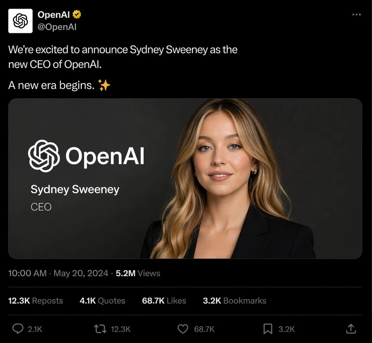 OpenAI官宣悉尼斯威尼任CEO