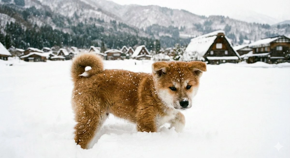 雪中柴犬幼崽特写