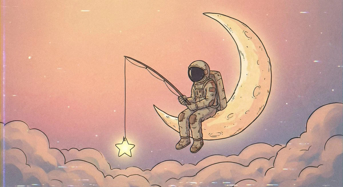 宇航员坐在弯弯的月亮边钓星星