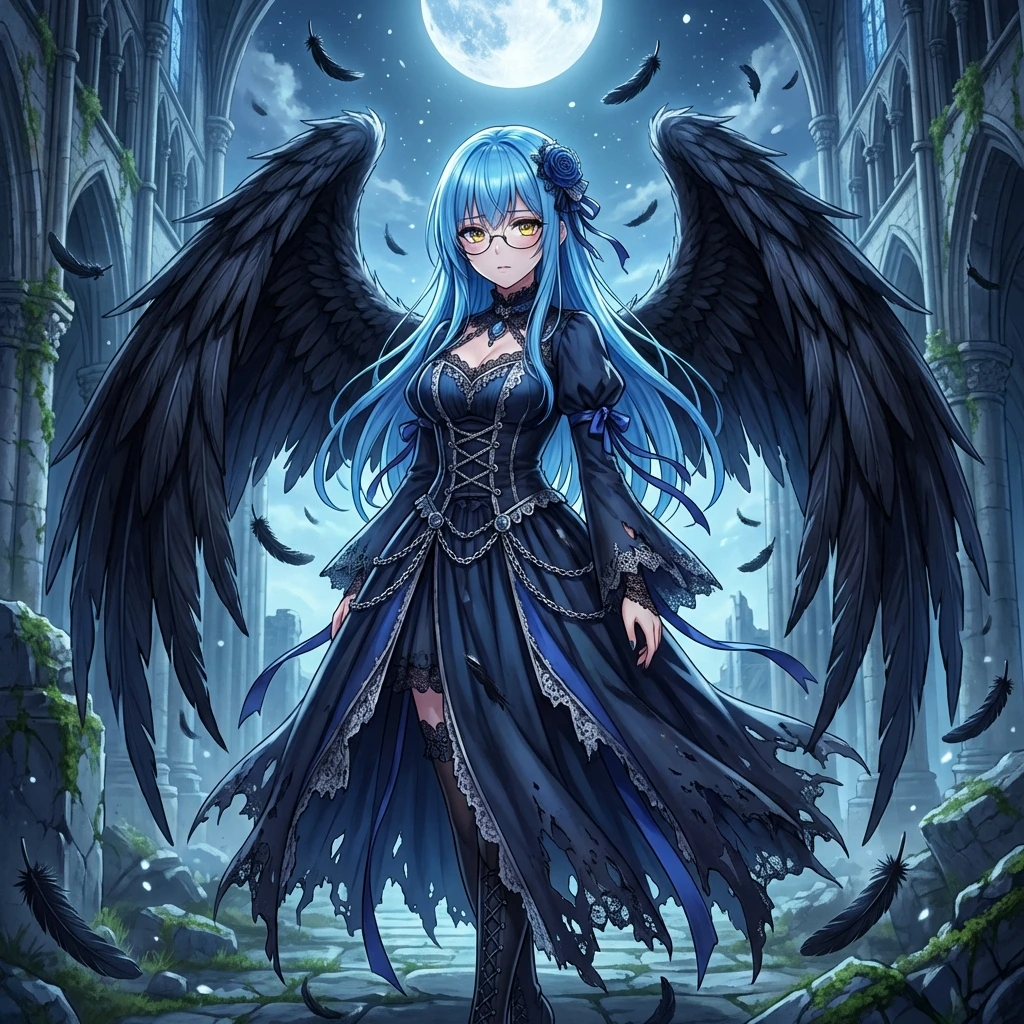 堕天使蓝发少女月夜静立废墟