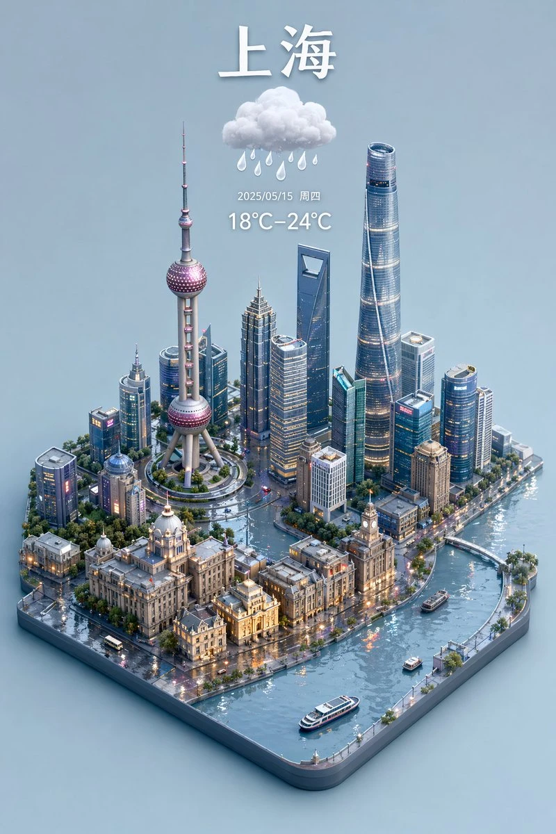 上海天气微缩城市3D渲染