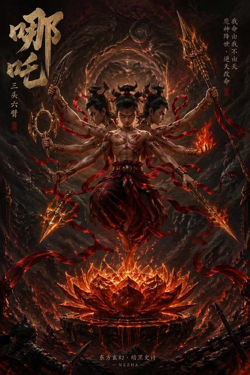 暗黑史诗风哪吒三头六臂