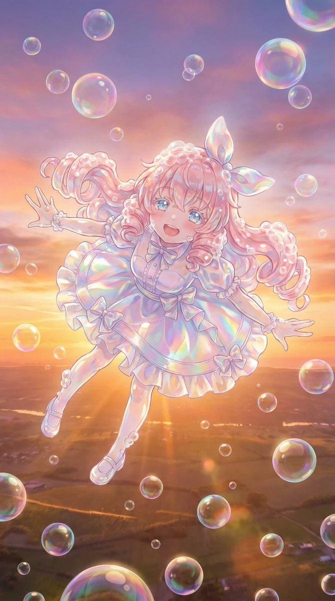 泡泡少女梦幻漂浮黄昏场景