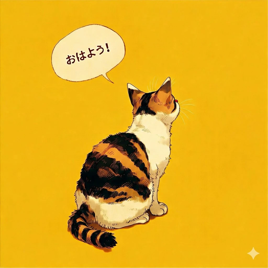 猫咪说早安,狗狗困惑回应,漫画式对话场景