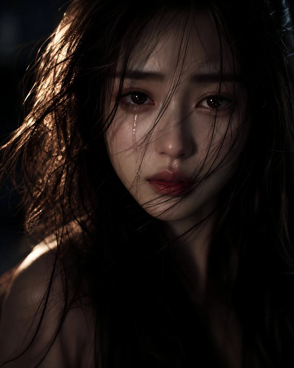 暗调光影下含泪的忧郁美人