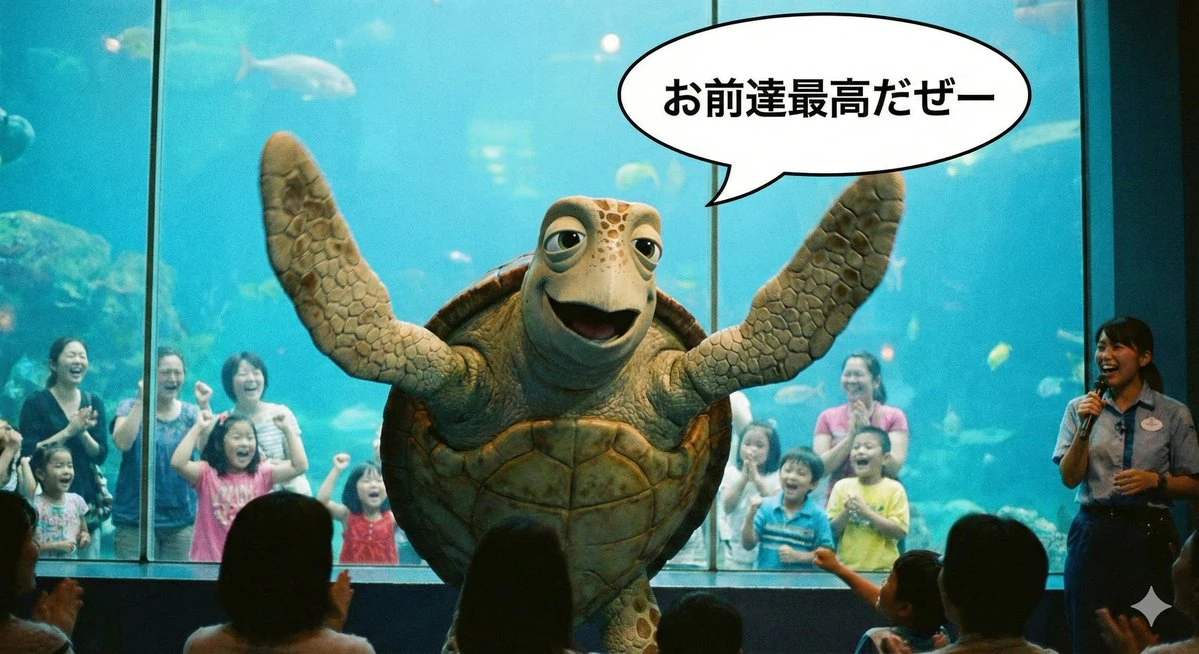 海龟举鳍欢呼,观众欢呼互动场景