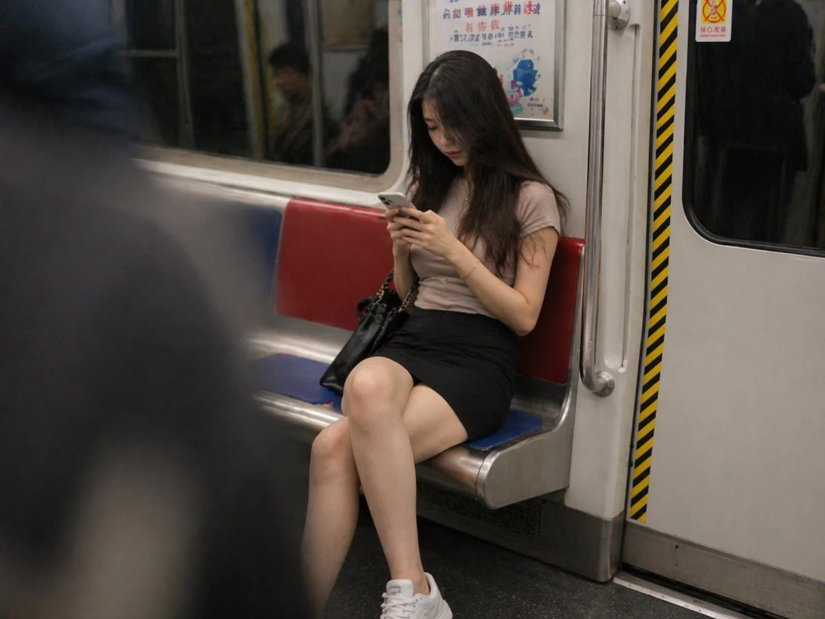 地铁上专注看手机的美女