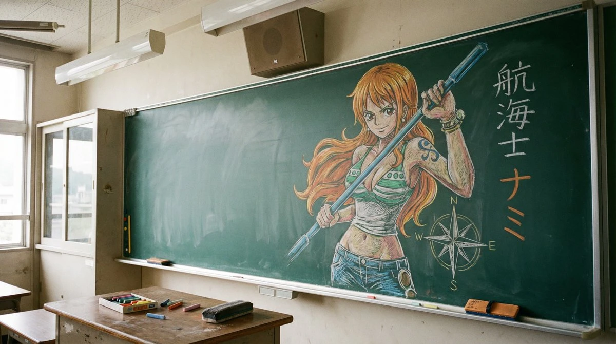 教室黑板上的动漫角色粉笔画艺术